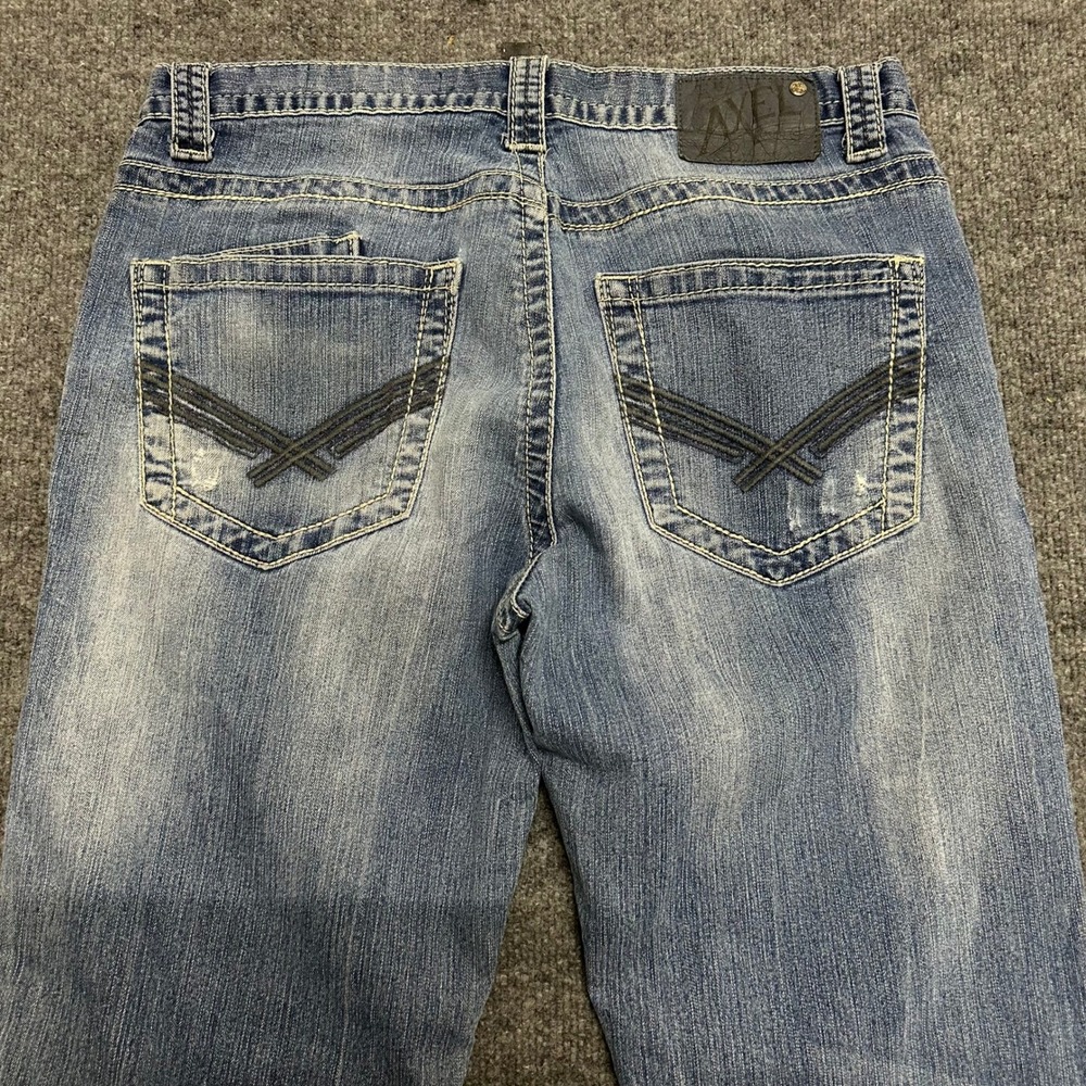Axel Jeans Mens Size 32 Blue Wolcott Vintage Bootcut Distressed Contrast Stitch